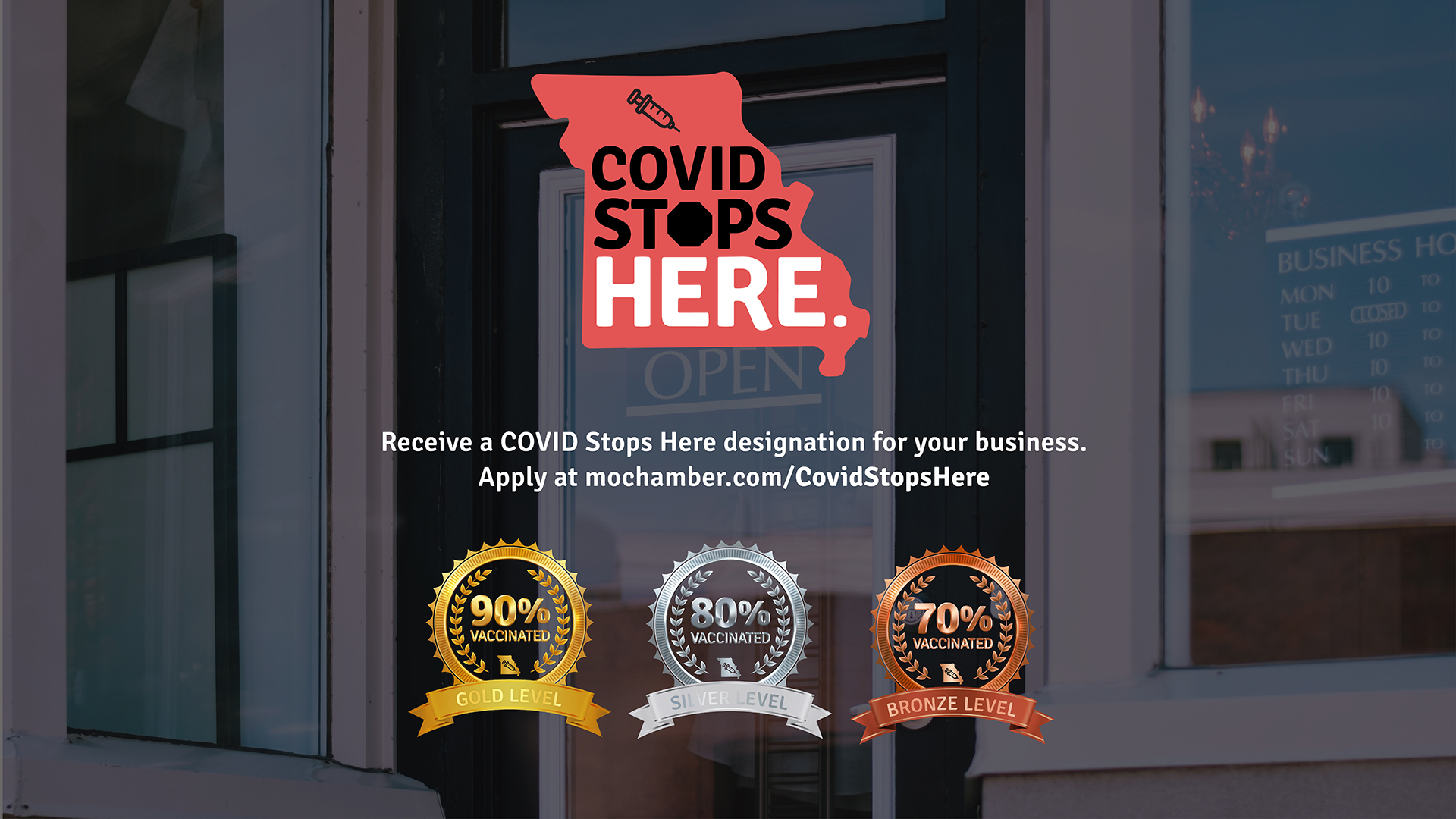 Covid Stops Here. Receive a COVID Stops Here designation for your business. Apply at https://mochamber.com/CovidStopsHere